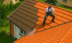 Un homme effectue le nettoyage de tuile d'un toit avec un nettoyeur haute pression, révélant la différence entre les tuiles sales et propres.