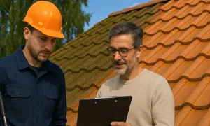 Deux hommes discutent sur un toit. L'un porte un casque orange. Ils examinent un document, peut-être pour le prix d'entretien de toiture.