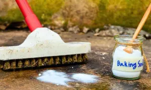 Brosse et bicarbonate de soude prêts pour nettoyer une terrasse en pierre.