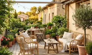 Une charmante terrasse en L, baignée de soleil, avec des meubles en rotin, des plantes luxuriantes et des guirlandes lumineuses. Parfait pour des soirées d'été.