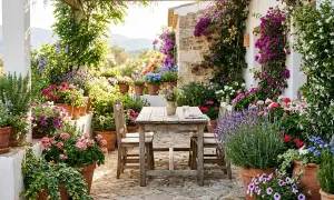 Une table en bois et des chaises invitent à la détente sur cette terrasse aménagée avec un jardin luxuriant. Des fleurs colorées et des plantes grimpantes créent un cadre idyllique.