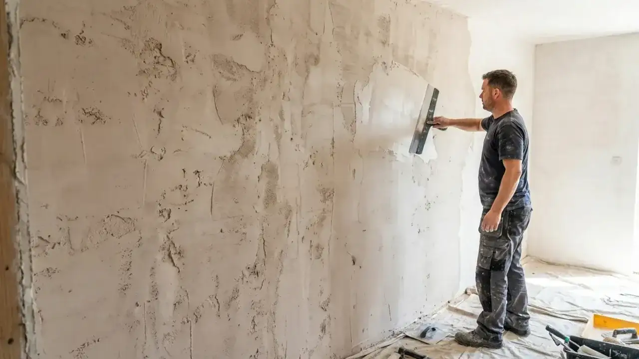 Un homme applique de l'enduit sur un mur texturé, prêt à peindre un mur déjà peint sans poncer.