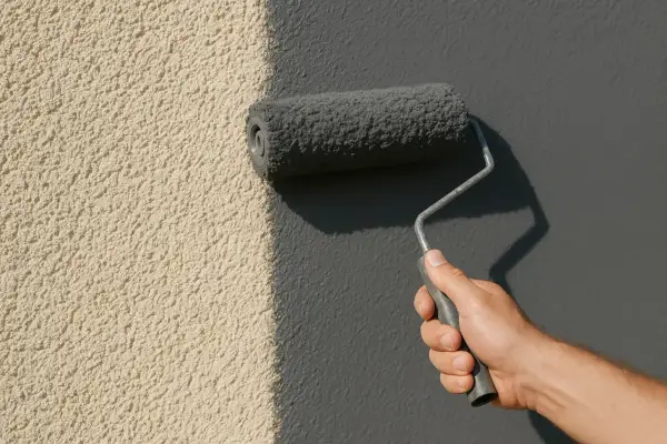 Main d'un peintre appliquant une peinture grise sur un mur extérieur déjà peint, de couleur beige.
