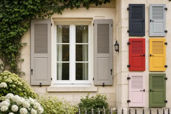 Fenêtre d'une maison ancienne avec volets gris taupe. À droite, une collection de volets aux couleurs vives : gris, rouge, jaune, rose et vert.