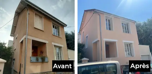 Maison avant après : façade rénovée, plus lumineuse et moderne. Les volets ont été changés, la peinture rafraîchie.