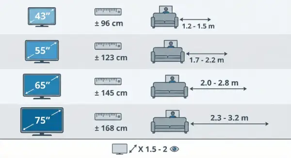 Guide pour savoir à quelle hauteur fixer TV au mur : tailles d'écrans (43" à 75") et distances de visionnage recommandées.