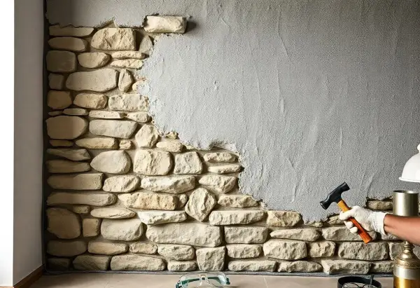 Maintenant, on va enlever l'enduit ciment sur ce mur en pierre. Un marteau et des gants sont prêts pour le travail.