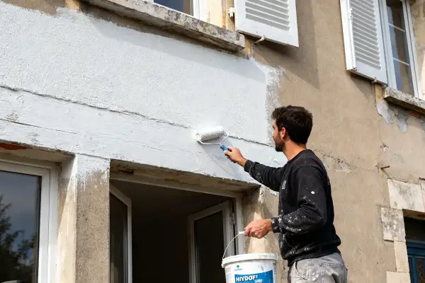 Un homme applique une peinture blanche sur un crépi extérieur à l'aide d'un rouleau.