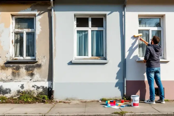 Un homme effectue la rénovation de façade d'une maison, appliquant de la peinture fraîche sur le mur extérieur.